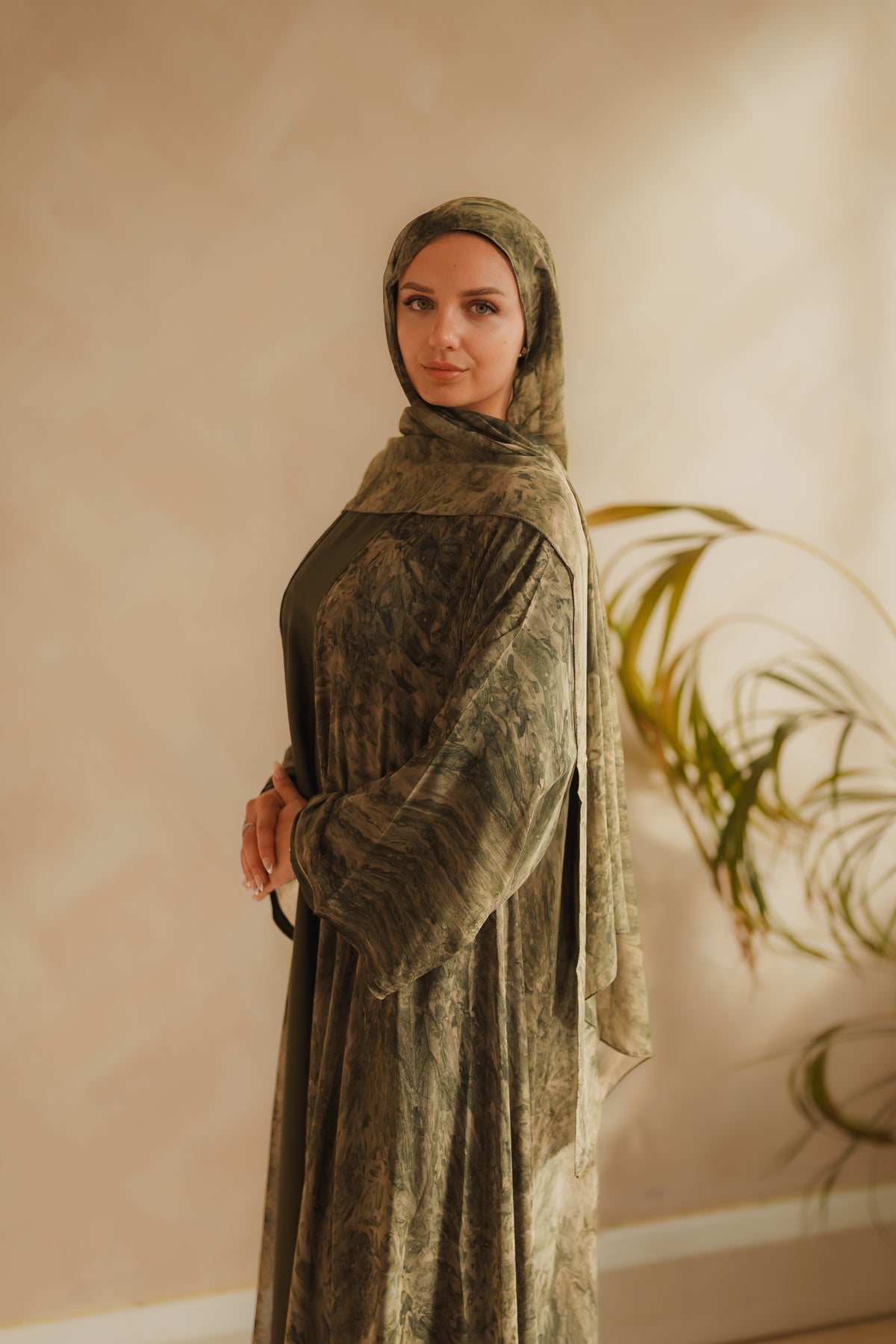 Green Printed Chiffon Abaya Set