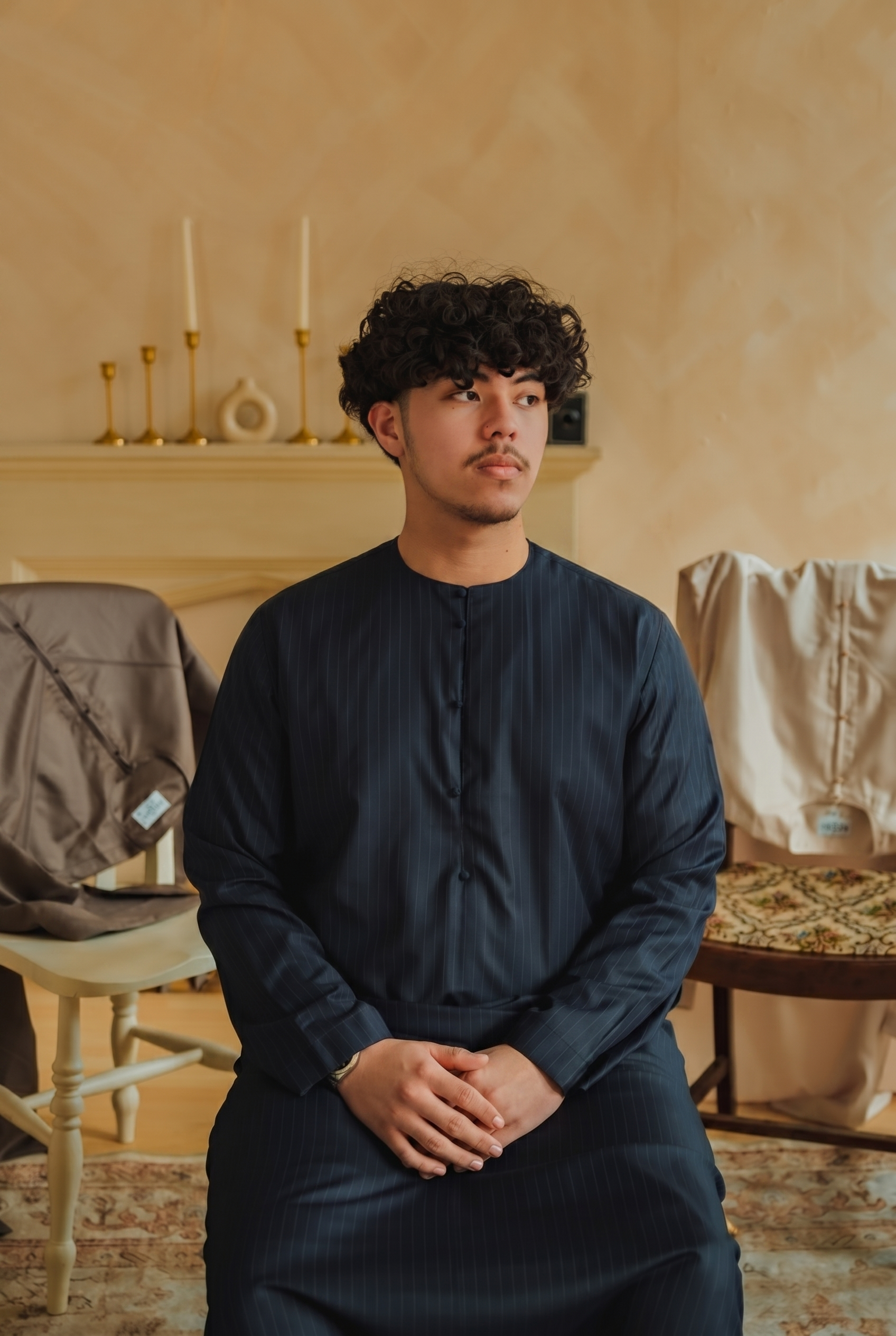 Pinstripe Navy Blue Emirati Thobe | Japanese Cotton