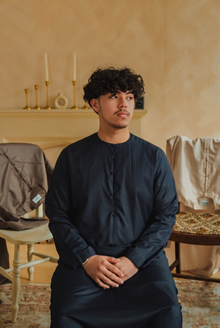 Pinstripe Navy Blue Emirati Thobe | Japanese Cotton