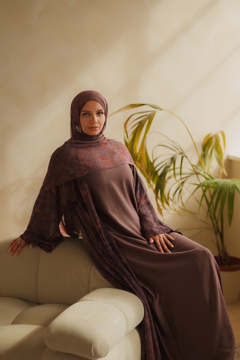 Purple Printed Chiffon Abaya Set