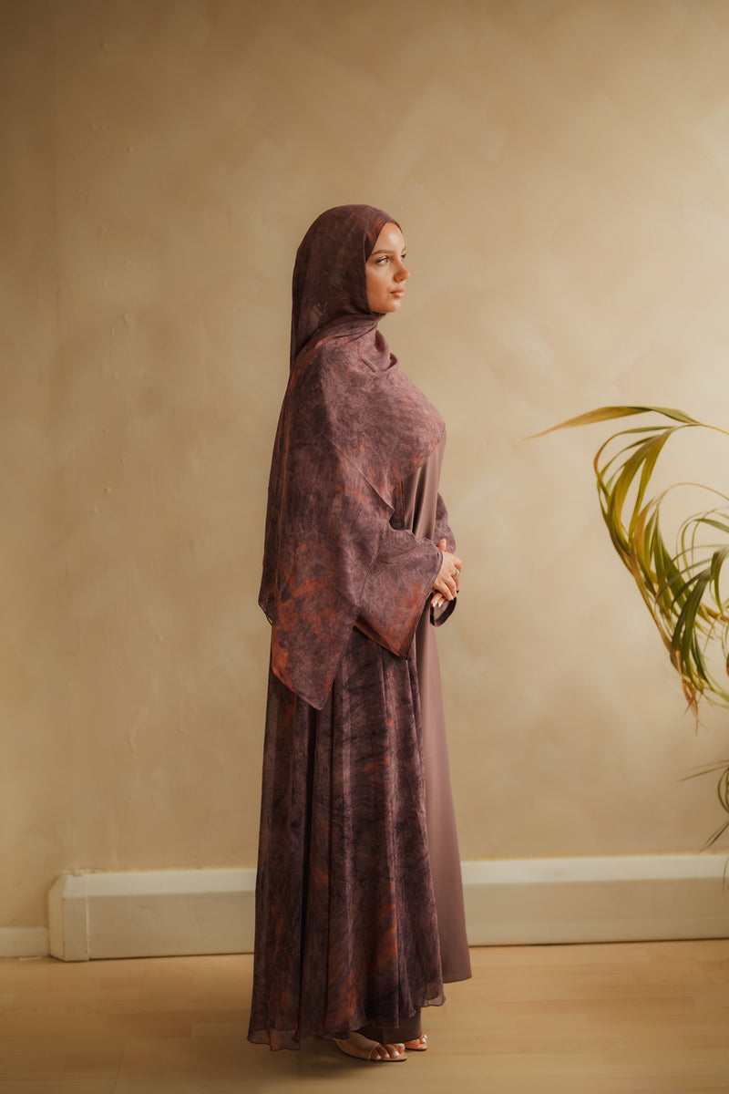 Purple Printed Chiffon Abaya Set