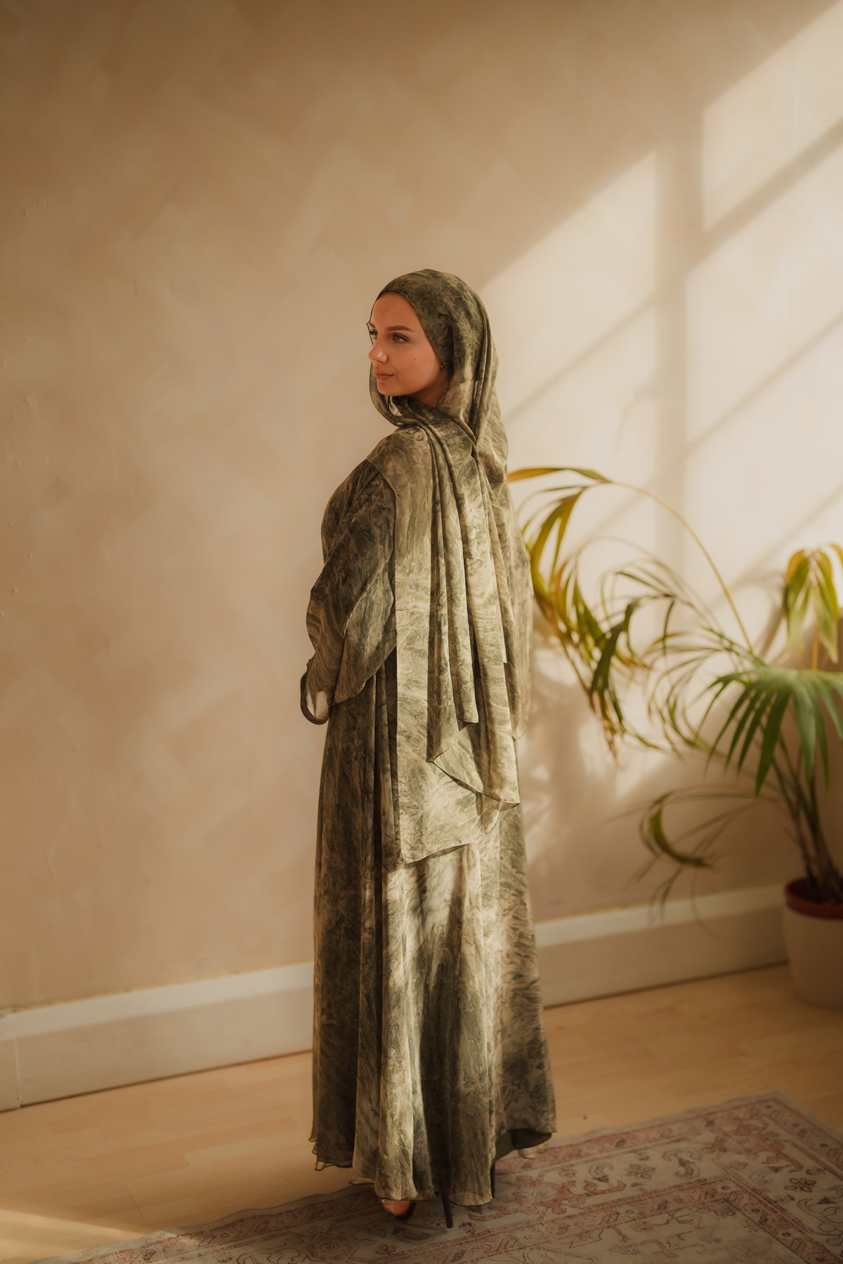 Green Printed Chiffon Abaya Set