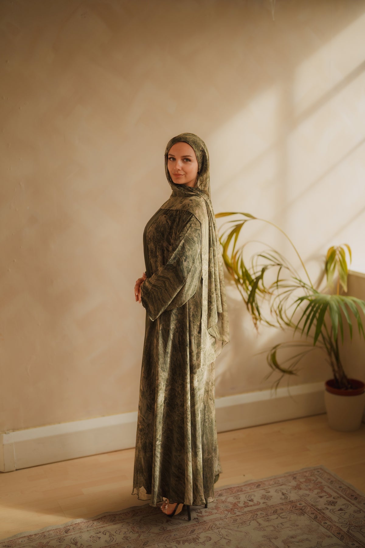Green Printed Chiffon Abaya Set