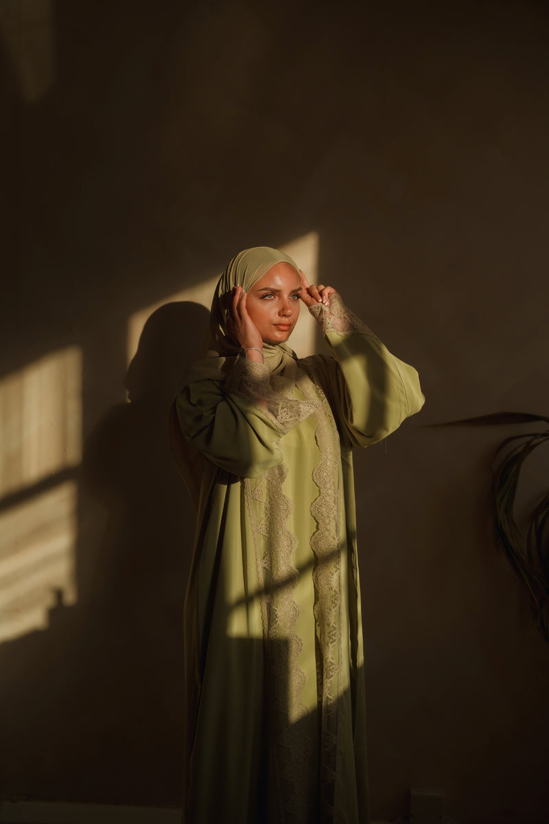 Pastel Green Lace Abaya