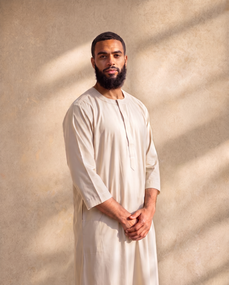 Cream Three-Quarter Henley Thobe | Japanese Cotton