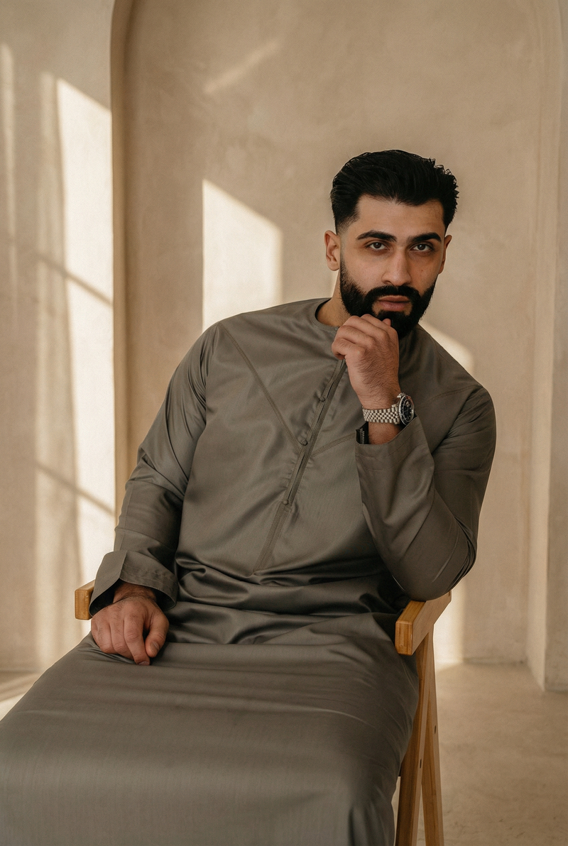Desert Olive Green Emirati Thobe | Japanese Cotton