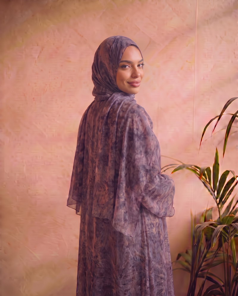 Purple Printed Chiffon Abaya Set [New Collection]
