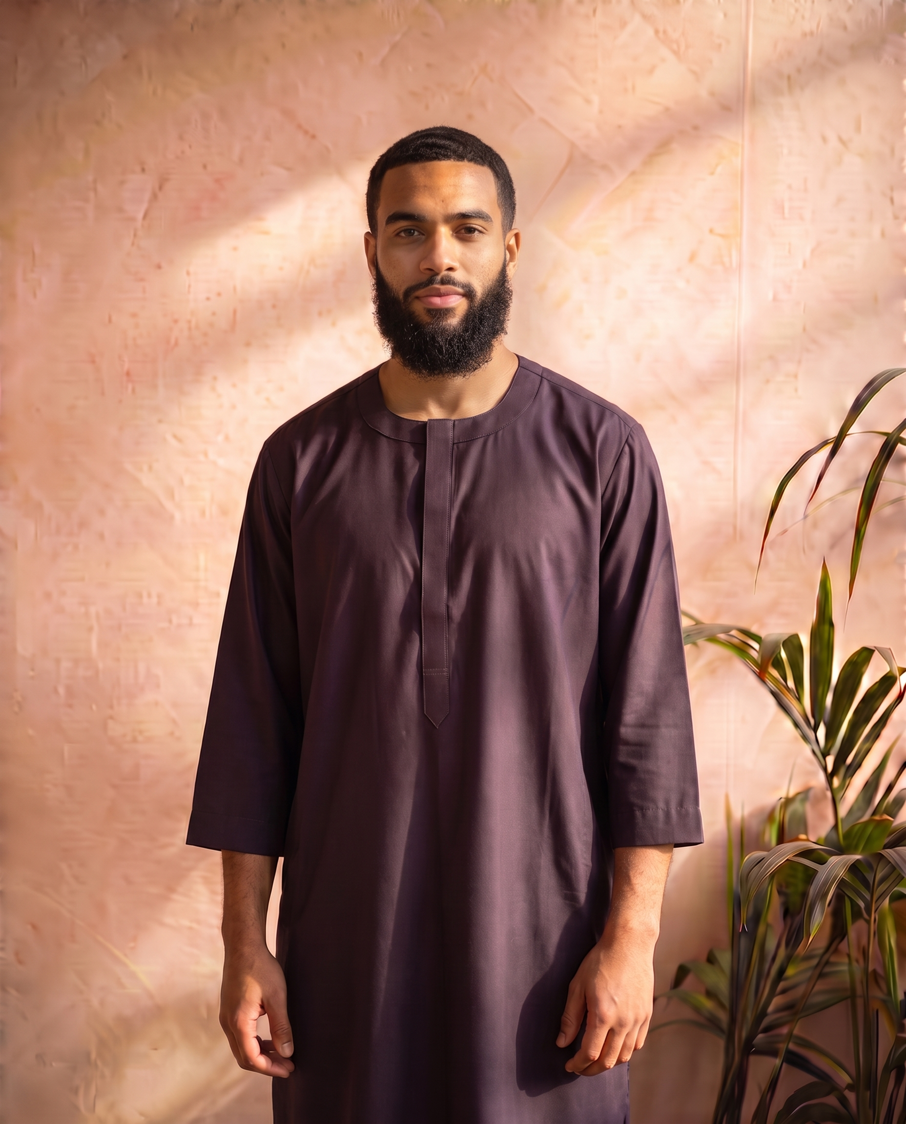 Plum Burgundy Three-Quarter Henley Thobe | Japanese Cotton
