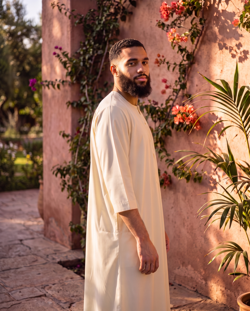 Cream Three-Quarter Henley Thobe | Japanese Cotton