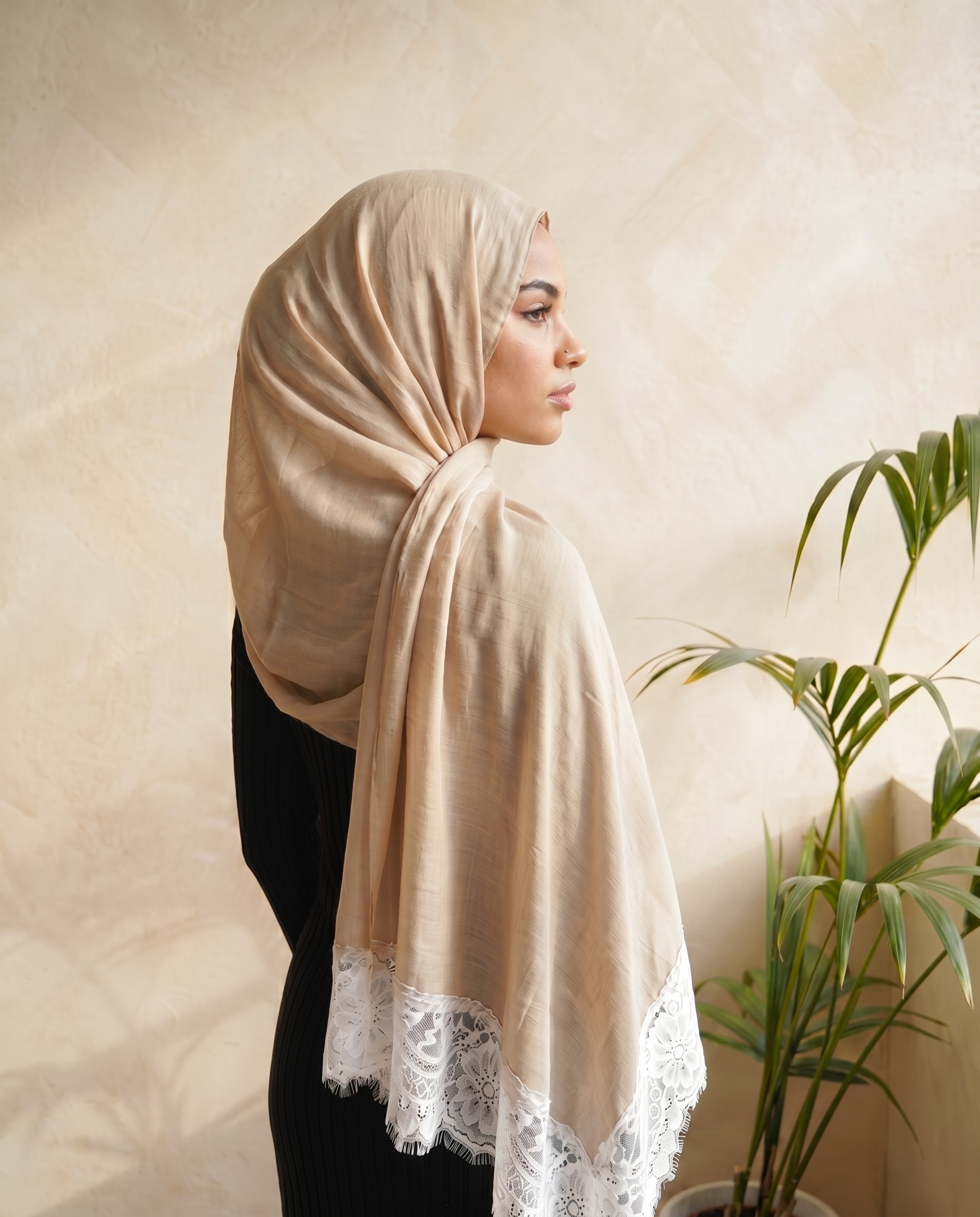 Beige Lace Modal Hijab
