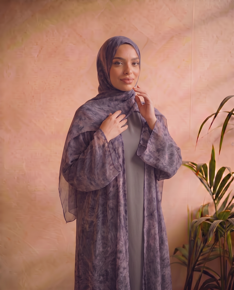 Purple Printed Chiffon Abaya Set [New Collection]