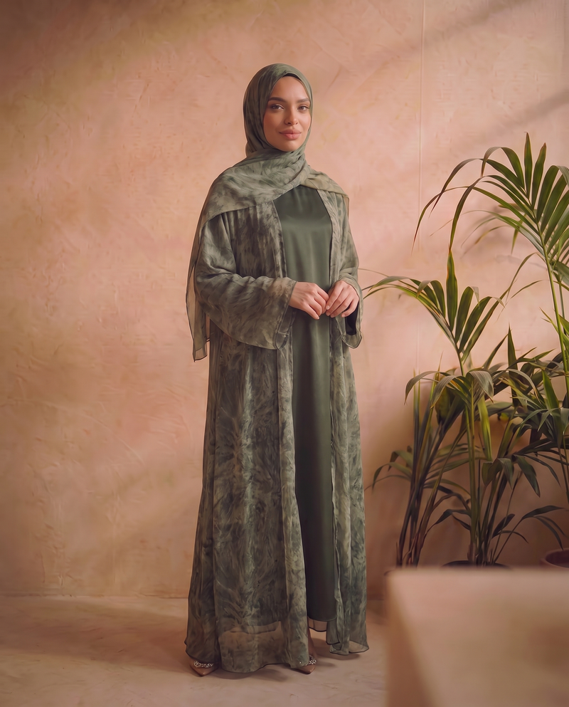 Green Printed Chiffon Abaya Set [New Collection]